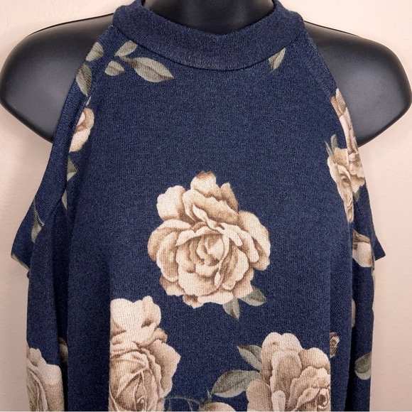 Large 143 Story Navy Blue Floral Knit Cold Shoulder Top Stretch High Neckline - Picture 6 of 12